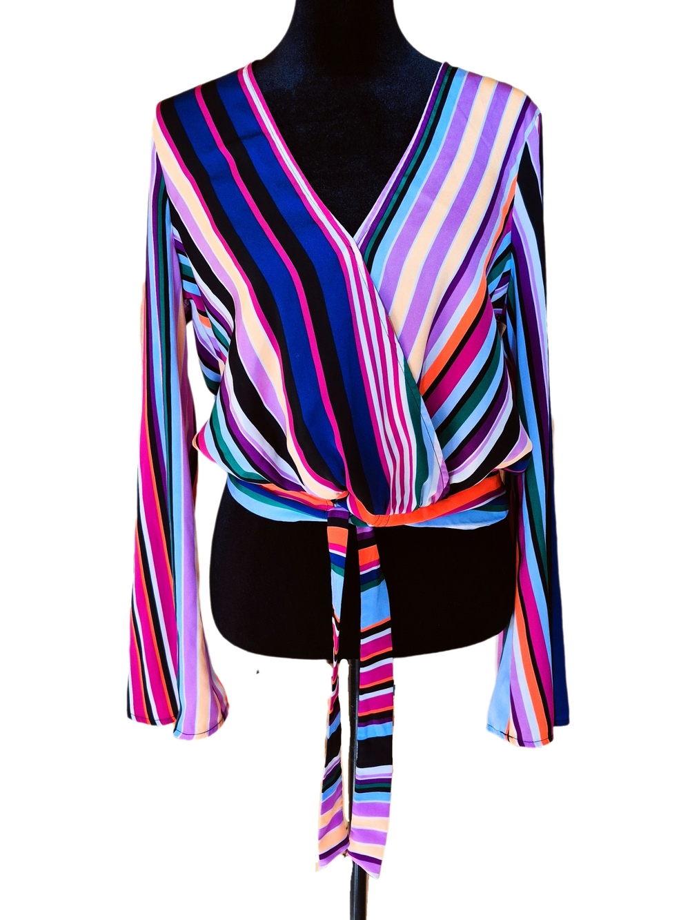 Express Multicolor Striped Wrap Tie Blouse Size Small Bell Sleeve Top